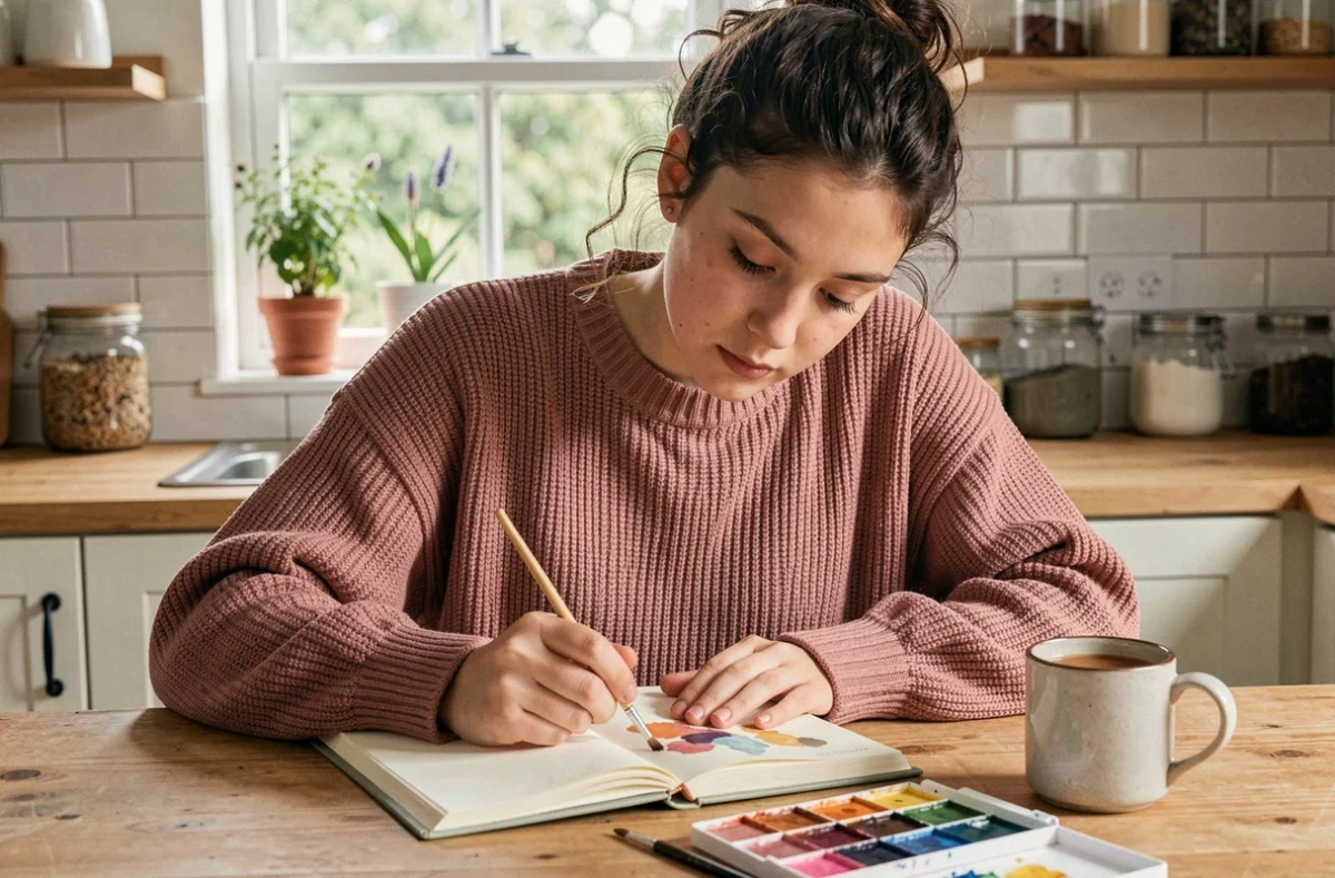 Jeune fille peignant à l'aquarelle dans un journal créatif à une table de cuisine lumineuse, évoquant l'expression artistique et l'éveil de la créativité au quotidien