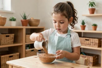 Jeune fille concentrée réalisant un exercice de vie pratique Montessori avec des lentilles et un pichet en céramique dans une salle de classe chaleureuse