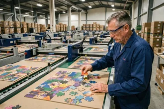 Usine de fabrication de puzzles avec machines automatisées et ouvrier inspectant des pièces de puzzle sur une chaîne de production industrielle