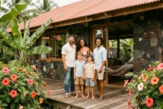 Famille en vacances sur la terrasse d'un bungalow créole à La Réunion entouré de végétation tropicale