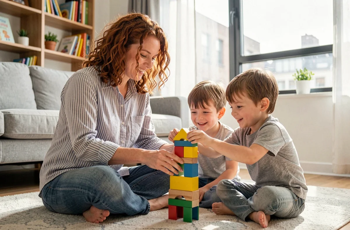 Famille monoparentale avec mère et enfants jouant ensemble dans un appartement moderne