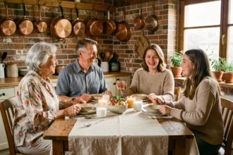 Famille multigénérationnelle réunie autour d'une table en bois dans une cuisine rustique chaleureuse