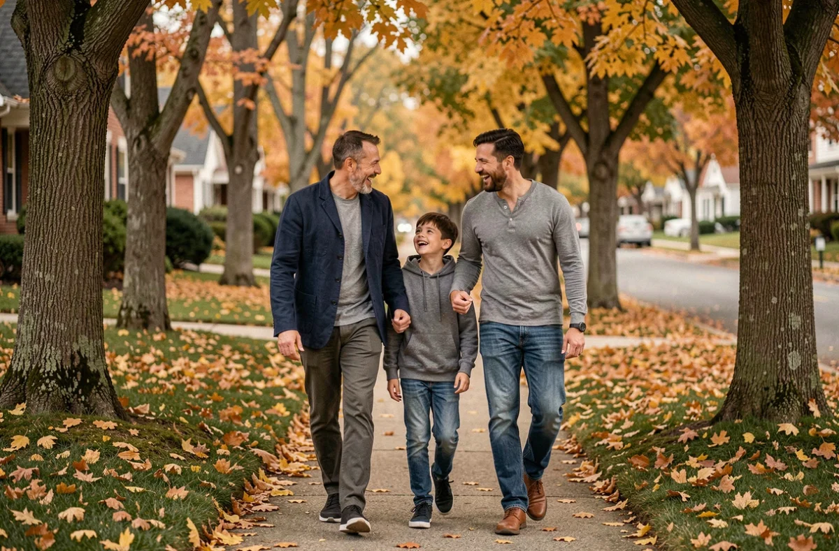 Famille recomposée avec couple et adolescent se promenant dans un quartier résidentiel en automne