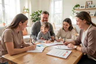 Famille réunie autour d'une table avec un calendrier et des papiers