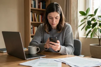 Femme adulte fatiguée utilisant son smartphone au bureau à domicile, illustrant le temps d'écran excessif