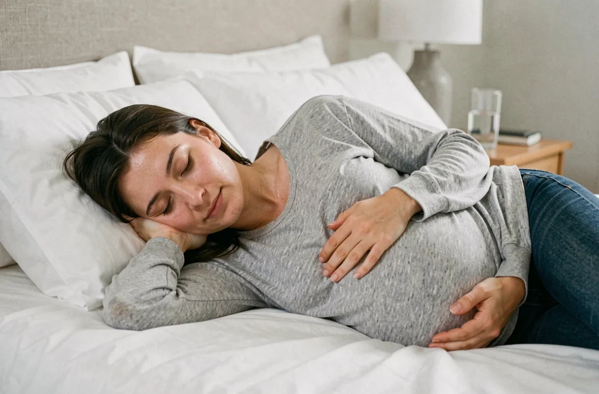 Femme enceinte allongée sur le côté les yeux humides une main sur le ventre dans une chambre apaisante