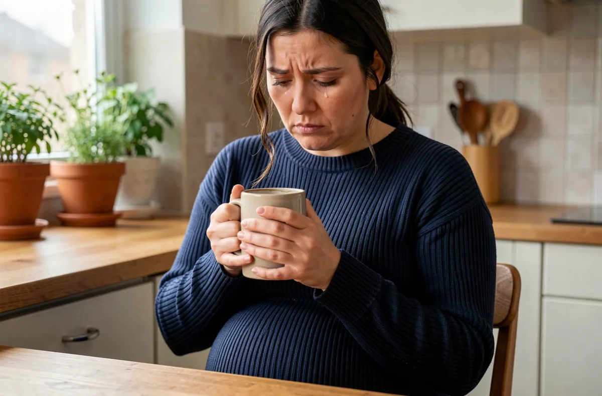 Femme enceinte pensive à la table de cuisine tenant une tasse les yeux baissés dans une atmosphère douce et introspective