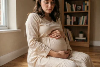 Femme enceinte assise par terre les mains sur le ventre une larme sur la joue illustrant les émotions pendant la grossesse
