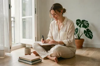 Femme sereine écrivant dans un agenda posé sur le sol en bois, illustrant la gestion du temps et la planification intentionnelle