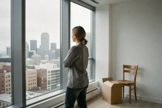 Femme de dos regardant par une fenêtre dans un appartement vide, symbolisant la rupture avec la famille et l'isolement volontaire