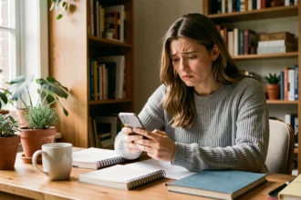 Femme stressée lisant un message sur son téléphone en cherchant une excuse pour éviter un enterrement de vie de jeune fille