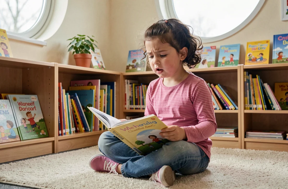 Petite fille essayant de lire à voix haute dans un coin bibliothèque scolaire, illustrant les difficultés liées aux troubles du langage chez l'enfant