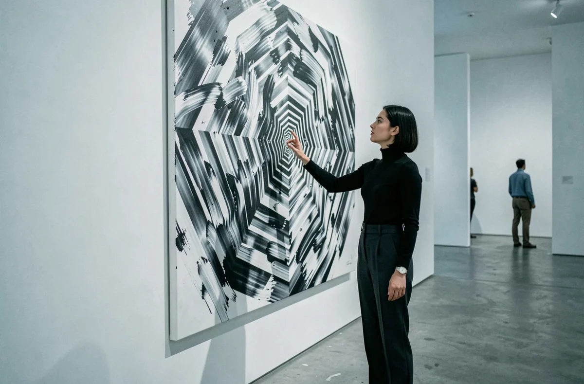 Femme observant une peinture cinétique dans une galerie d'art contemporain créant une illusion de mouvement