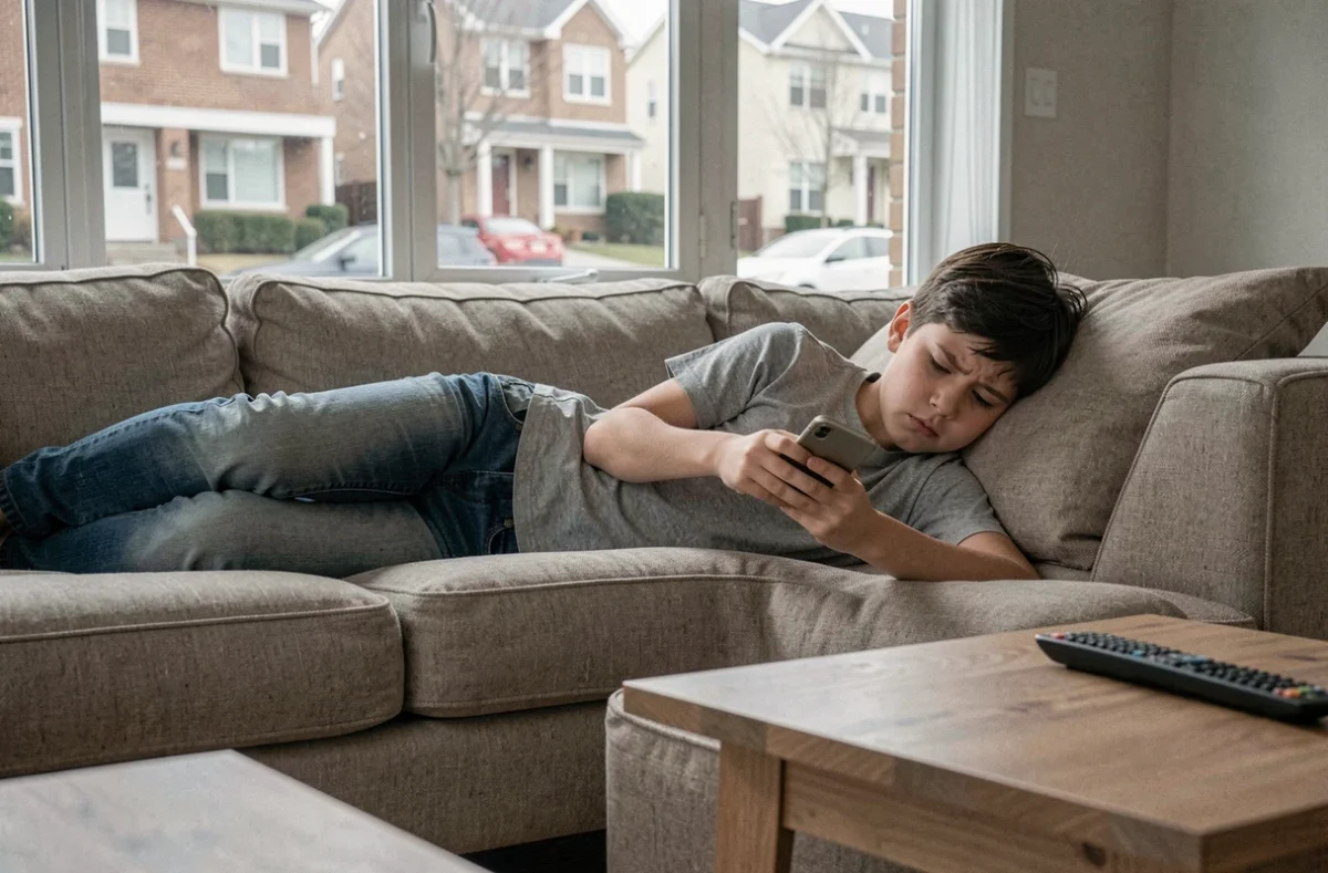 Garçon préadolescent absorbé par son smartphone sur un canapé, symbolisant les risques liés à une utilisation non surveillée d'Internet