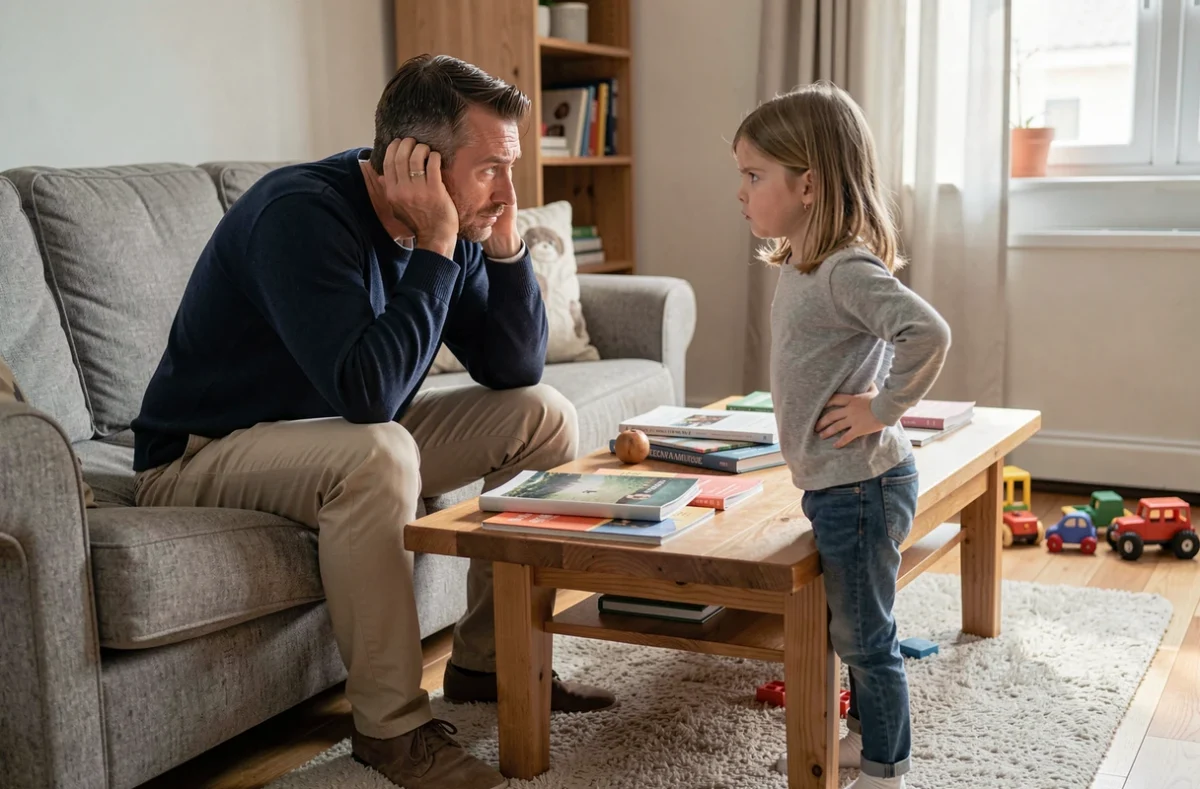 Père épuisé faisant face à sa petite fille au comportement têtu dans le salon familial