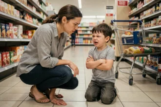 Mère calme s'accroupissant face à son enfant en pleine crise de colère dans un supermarché