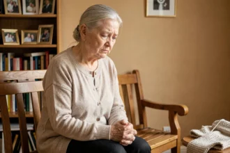 Grand-mère âgée assise seule dans son salon, expression mélancolique, illustrant le rejet émotionnel intergénérationnel