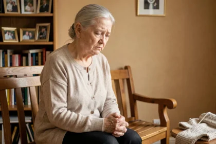 Grand-mère âgée assise seule dans son salon, expression mélancolique, illustrant le rejet émotionnel intergénérationnel