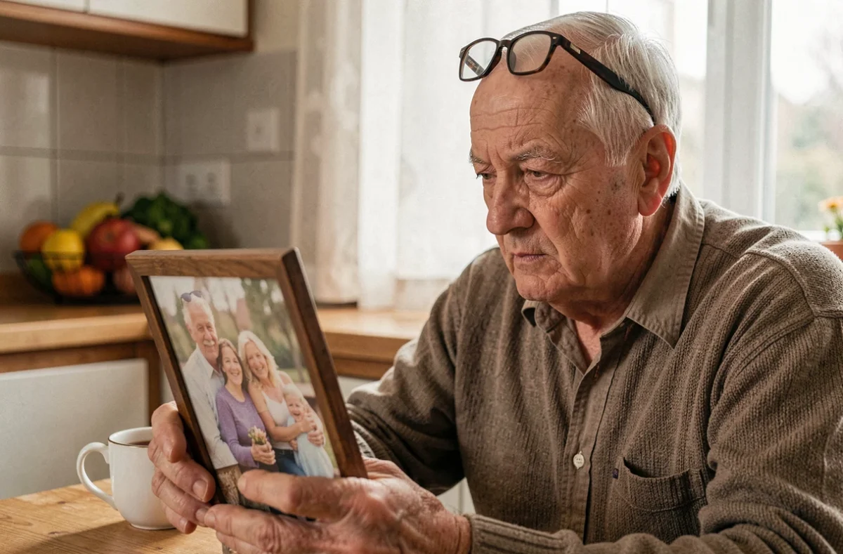 Grand-père âgé contemplant une photo de famille à la cuisine, exprimant tristesse et incompréhension face au rejet de son petit-fils