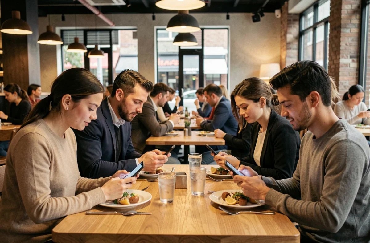 Groupe d'amis réunis au restaurant mais tous absorbés par leur téléphone, symbolisant l'impact des réseaux sociaux sur les relations sociales