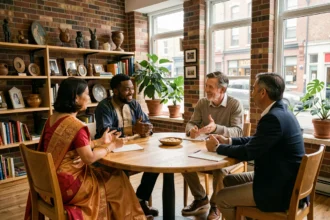 Groupe multiculturel d'adultes discutant autour d'une table dans un centre communautaire, illustrant le lien entre culture et comportement social