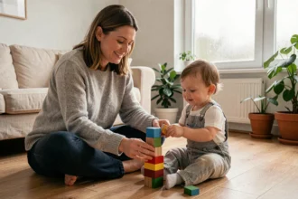 Mère assise sur le sol avec son jeune enfant, développant les habiletés parentales à travers un jeu de construction en bois dans un intérieur cosy