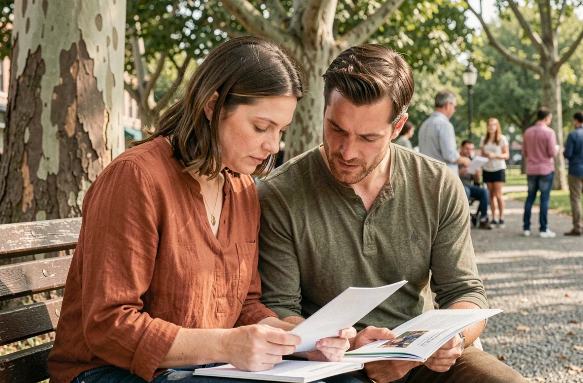 Deux parents assis sur un banc dans un parc, consultant des documents lors d'un atelier sur les habiletés parentales en groupe