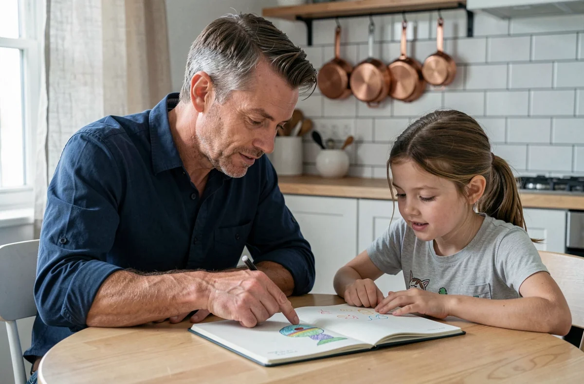 Père et fille partageant un moment d'échange autour d'un dessin à la table de cuisine, illustrant l'écoute active dans les habiletés parentales