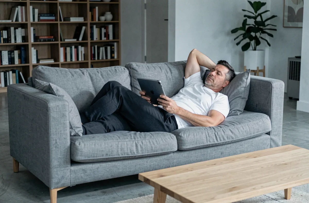 Homme adulte allongé sur un canapé regardant une tablette, représentant un temps d'écran prolongé à la maison