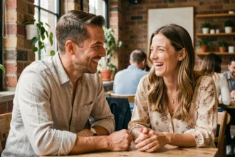 Homme et femme complices en train de rire ensemble dans un café, illustrant le bien-être émotionnel dans une relation de couple
