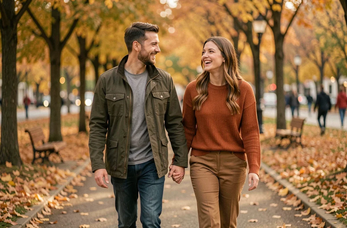 Couple complice se promenant dans un parc en automne, l'homme souriant à la femme avec sérénité et confiance mutuelle