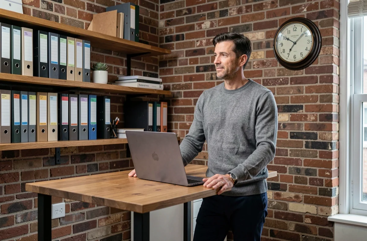Homme détendu dans un bureau à domicile organisé, symbolisant l'équilibre entre productivité et temps libre