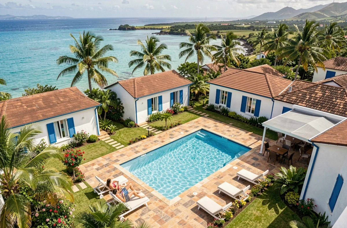 Complexe hôtelier familial au bord du lagon turquoise de La Réunion avec piscine et vue mer