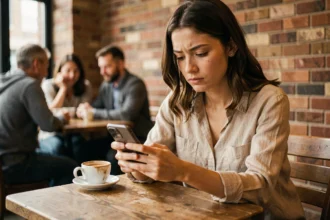 Jeune femme seule dans un café regardant son smartphone, illustrant l'isolement social causé par les réseaux sociaux