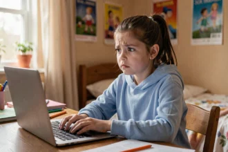 Jeune fille inquiète devant un ordinateur portable dans sa chambre, illustrant les dangers d'Internet pour les enfants