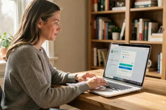 Femme adulte configurant une limite de temps sur un ordinateur portable Windows dans un bureau à domicile