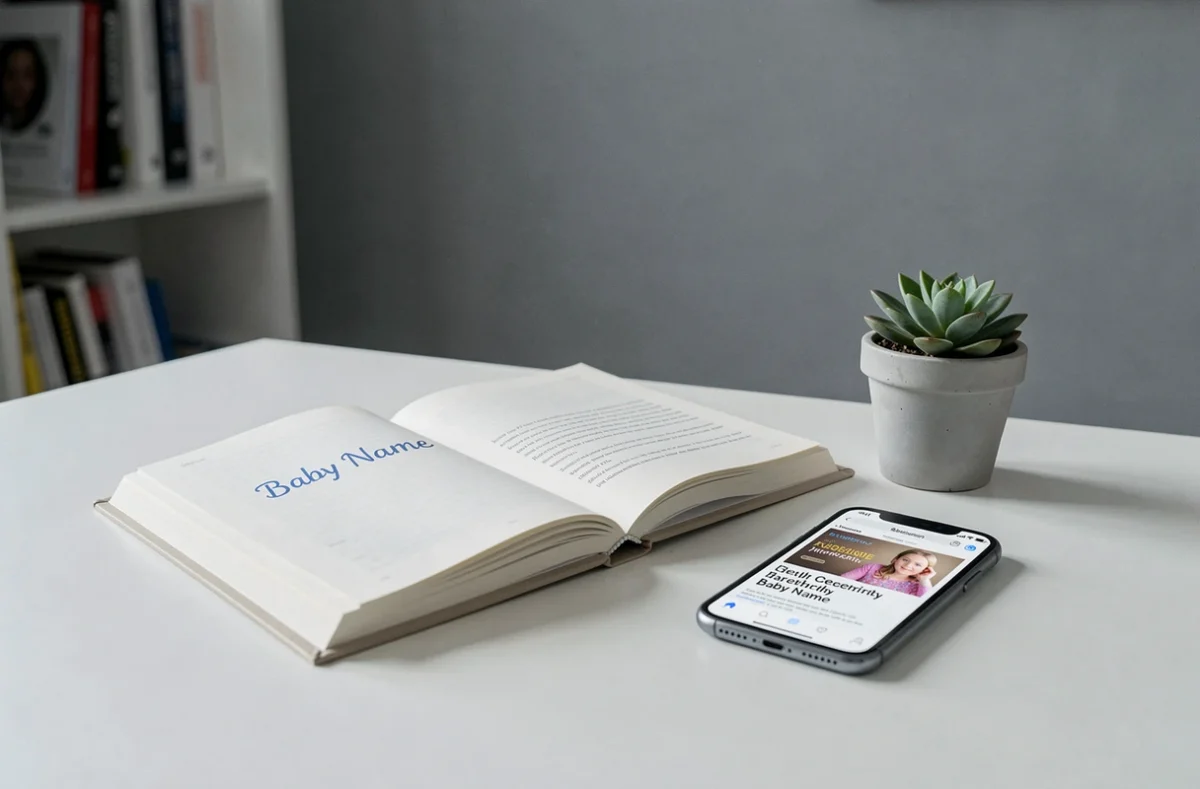 Livre de prénoms ouvert sur un bureau moderne avec un smartphone affichant une actualité sur le prénom d'un bébé de célébrité