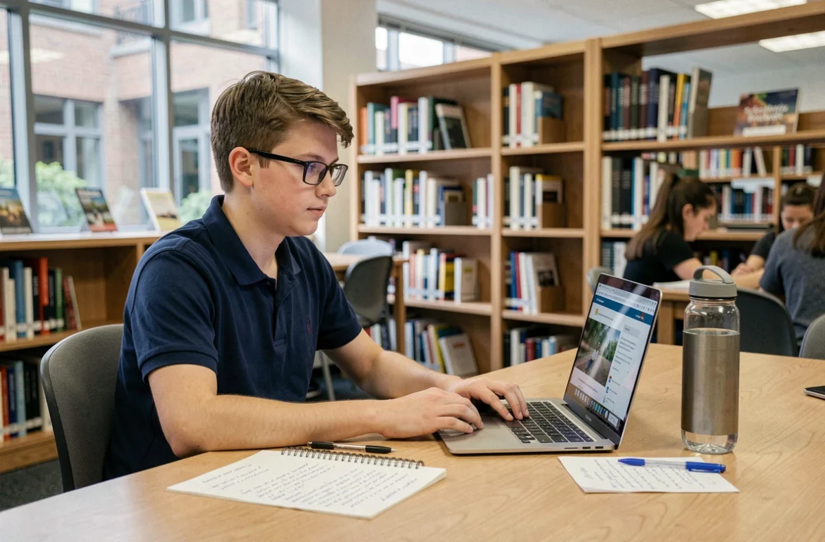 Lycéen utilisant un site éducatif sur ordinateur à la bibliothèque scolaire pour faire ses devoirs