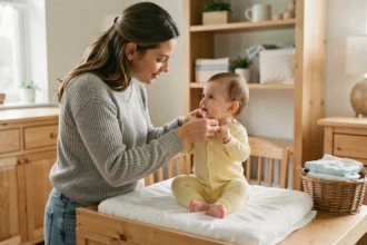 Maman habillant son bébé en grenouillère jaune pastel sur une table à langer en bois dans une chambre de bébé moderne