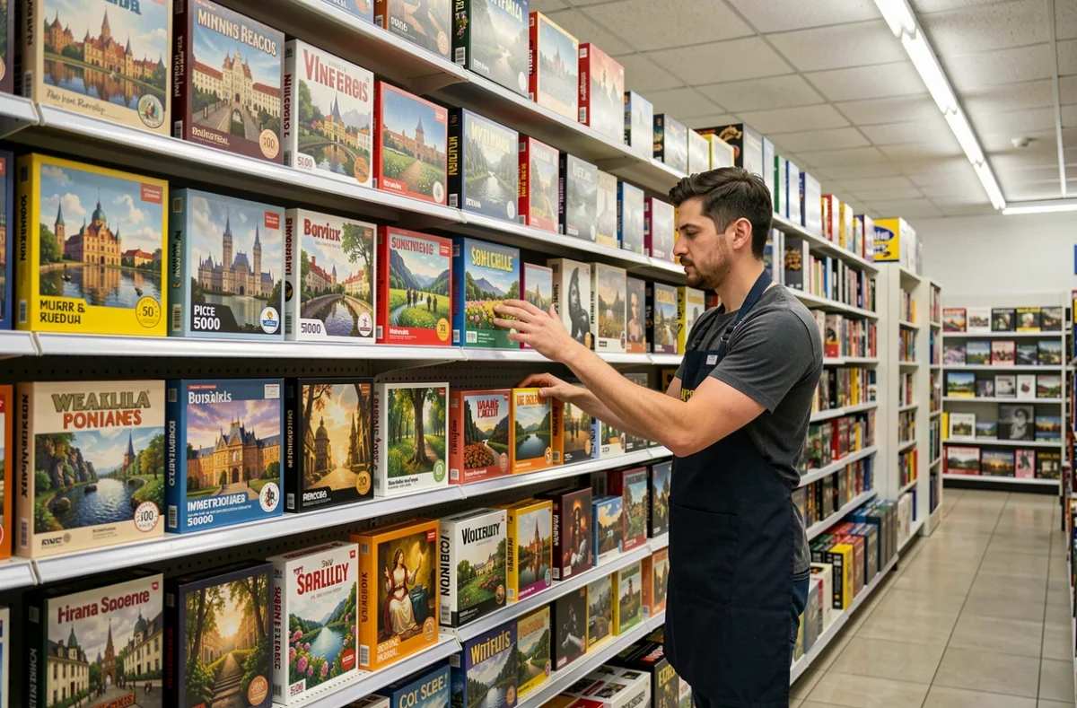Mur de boîtes de puzzles de marques internationales dans un magasin spécialisé, avec un employé rangeant les articles sur les étagères