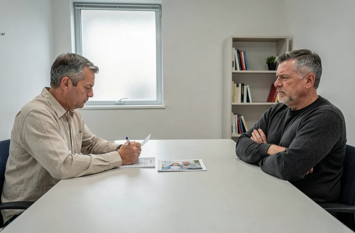 Deux hommes en séance de médiation familiale autour d'une table avec une photo de famille, illustrant les conflits parentaux et les causes de l'abandon paternel
