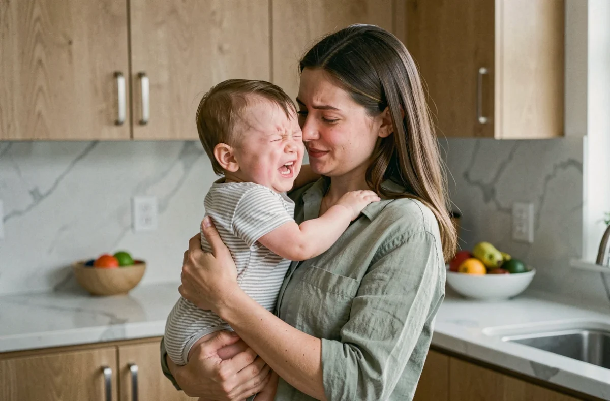 Jeune mère tenant son bébé d'un an en pleine crise de colère dans une cuisine moderne