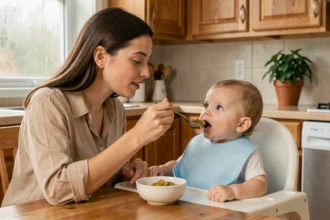 Mère donnant la becquée à son bébé de 7 mois dans une cuisine chaleureuse, introduction de la diversification alimentaire
