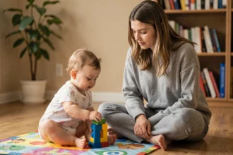 Mère observant son bébé de 8 mois jouer avec un jouet sur un tapis d'éveil pour détecter un éventuel retard de développement