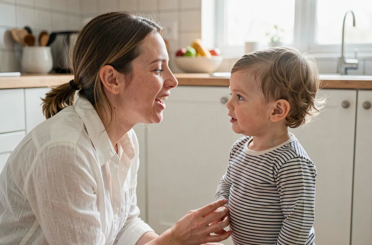 Mère et enfant de 20 mois en interaction verbale dans une cuisine familiale
