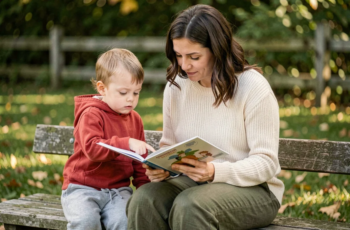 Mère lisant un livre illustré à son enfant de 3 ans silencieux assis sur un banc dans un parc