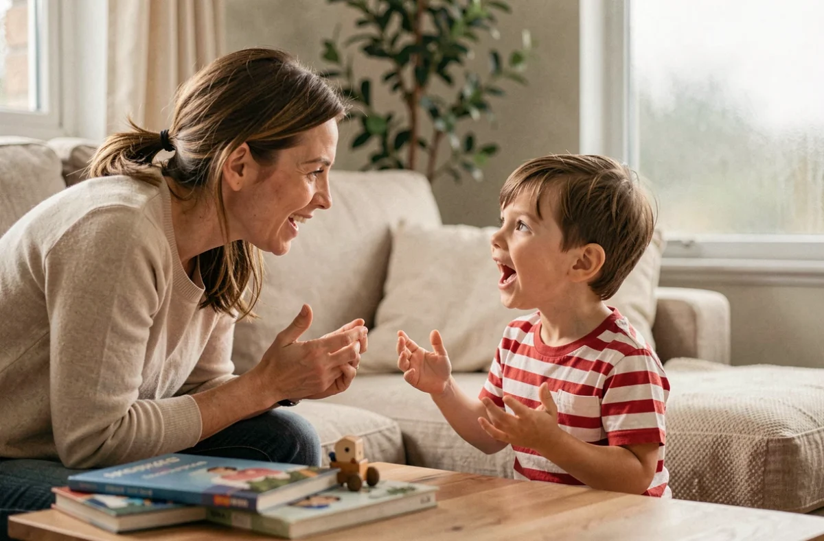 Mère attentive écoutant son jeune enfant parler à la maison, dans un contexte d'accompagnement parental face aux troubles du langage