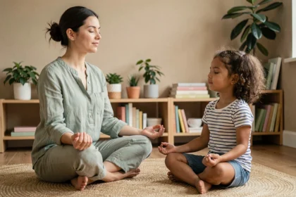 Mère et enfant pratiquant la méditation ensemble assis en tailleur sur un parquet en bois dans un salon chaleureux