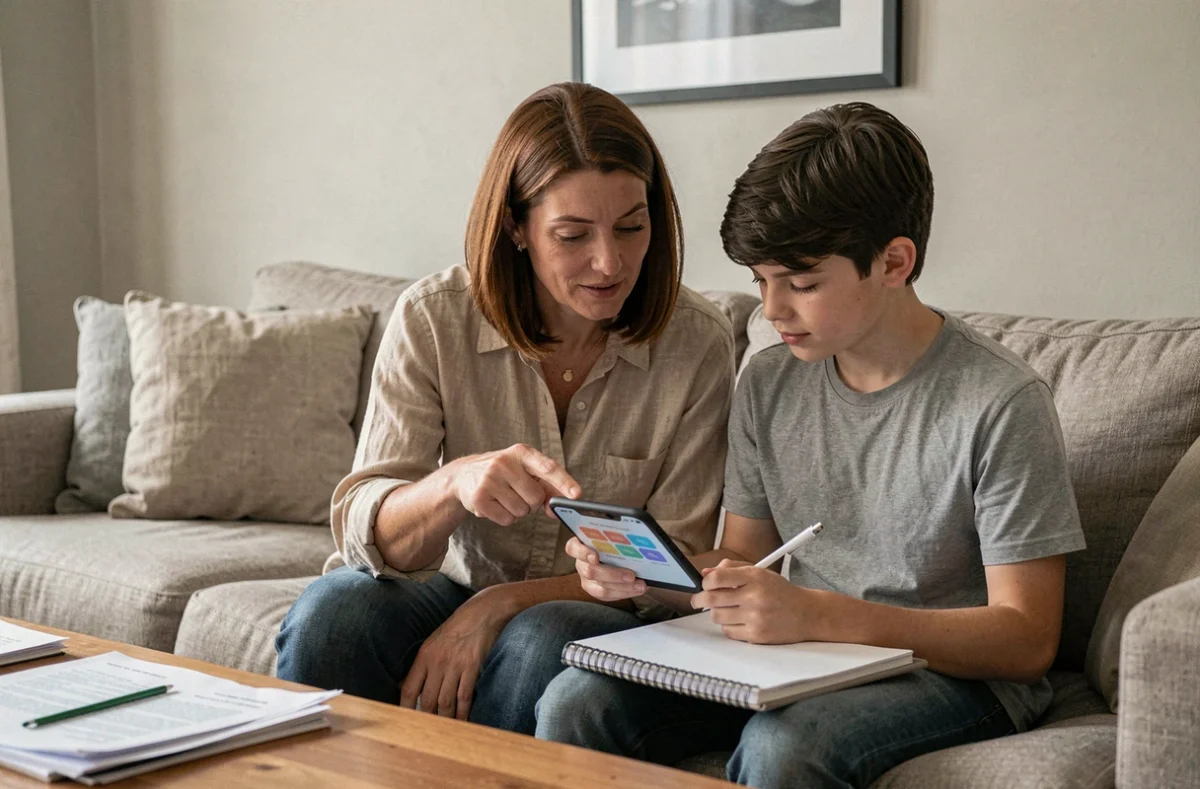 Mère aidant son fils adolescent à utiliser une application d'aide aux devoirs sur smartphone dans le salon