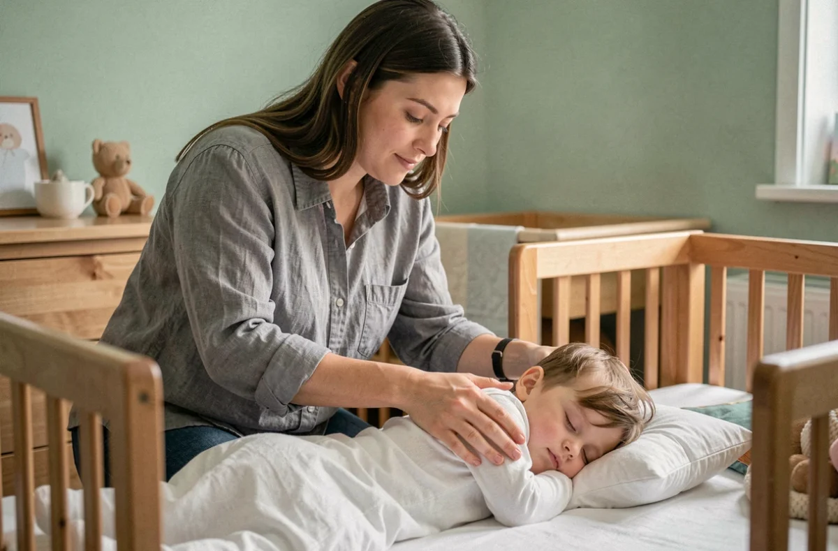 Jeune mère installant un petit oreiller plat sous la tête de son enfant de 2 ans dans une chambre cosy aux murs vert sauge